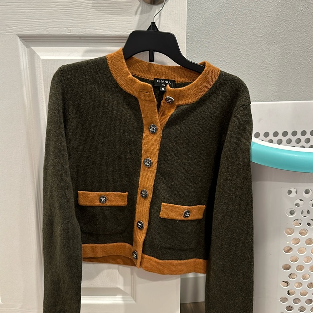 CHANEL Olive Green and Mustard Trim Wool Cardigan